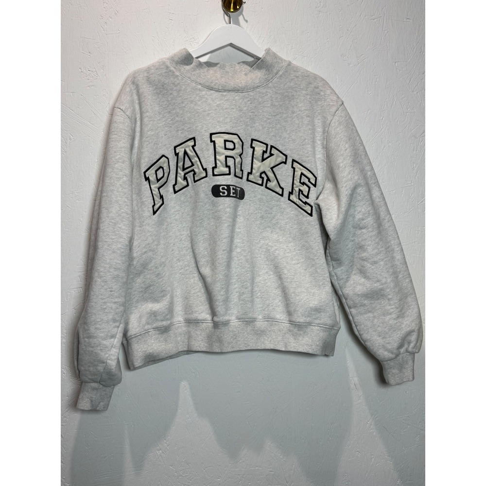 PARKE X SET ACTIVE ORCA Gray Varsity Graphic Sweatshirt Mock Neck L/XL Oversized